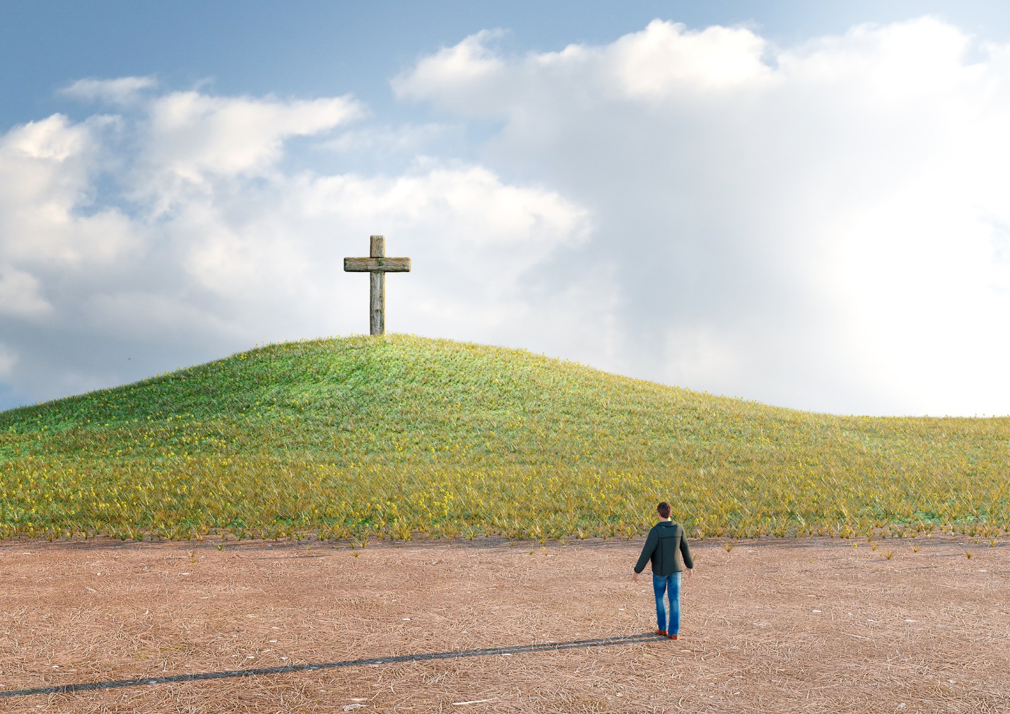 A person walking on a hill with a cross on top

Description automatically generated with low confidence