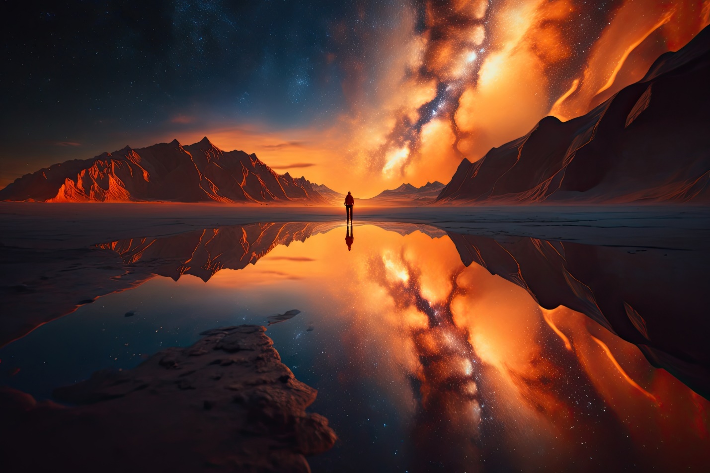 A person standing in a lake with mountains and stars in the sky

Description automatically generated