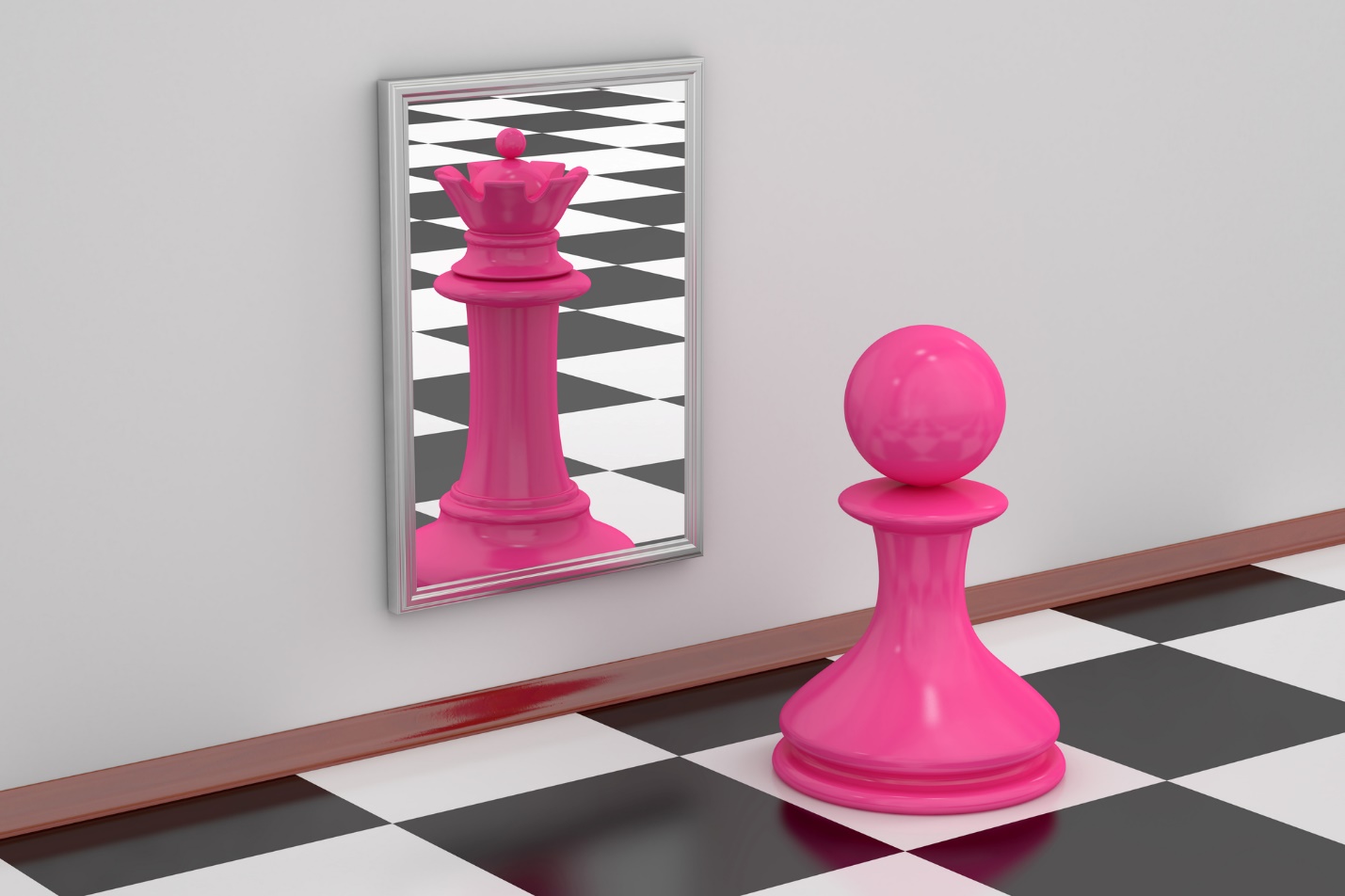 A pink chess piece on a black and white checkered floor

Description automatically generated