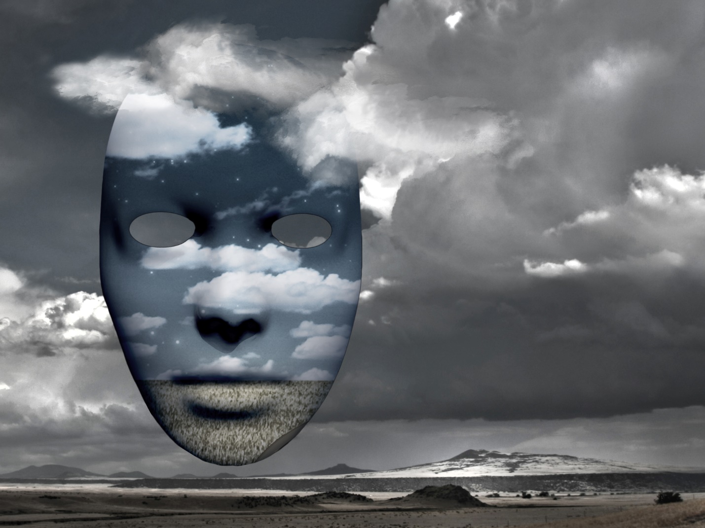 A mask with clouds in the sky

Description automatically generated