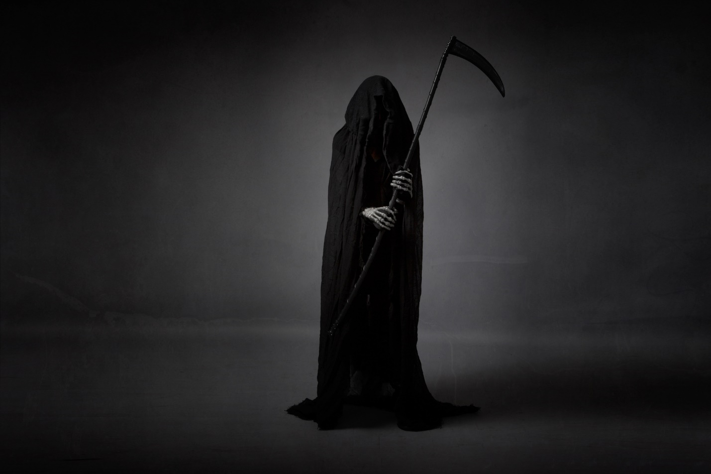 A person in a black robe holding a scythe

Description automatically generated