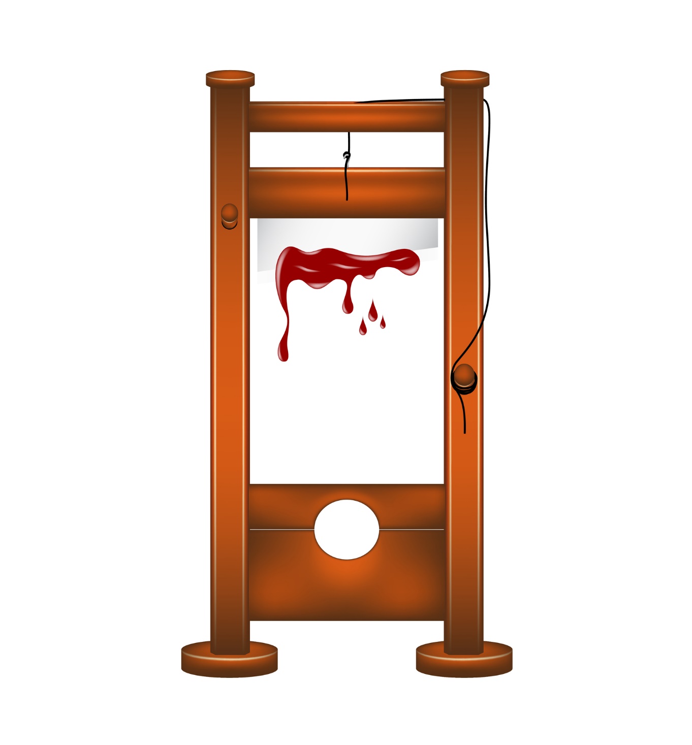 A guillotine with blood on it

Description automatically generated