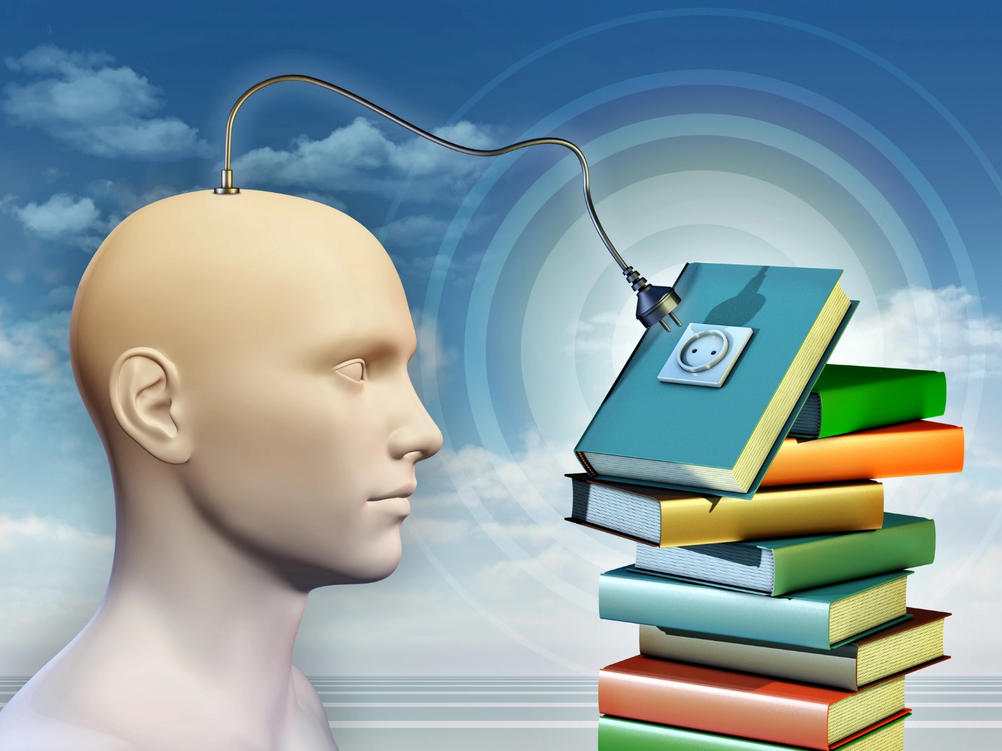 A head with a book attached to a wire

Description automatically generated