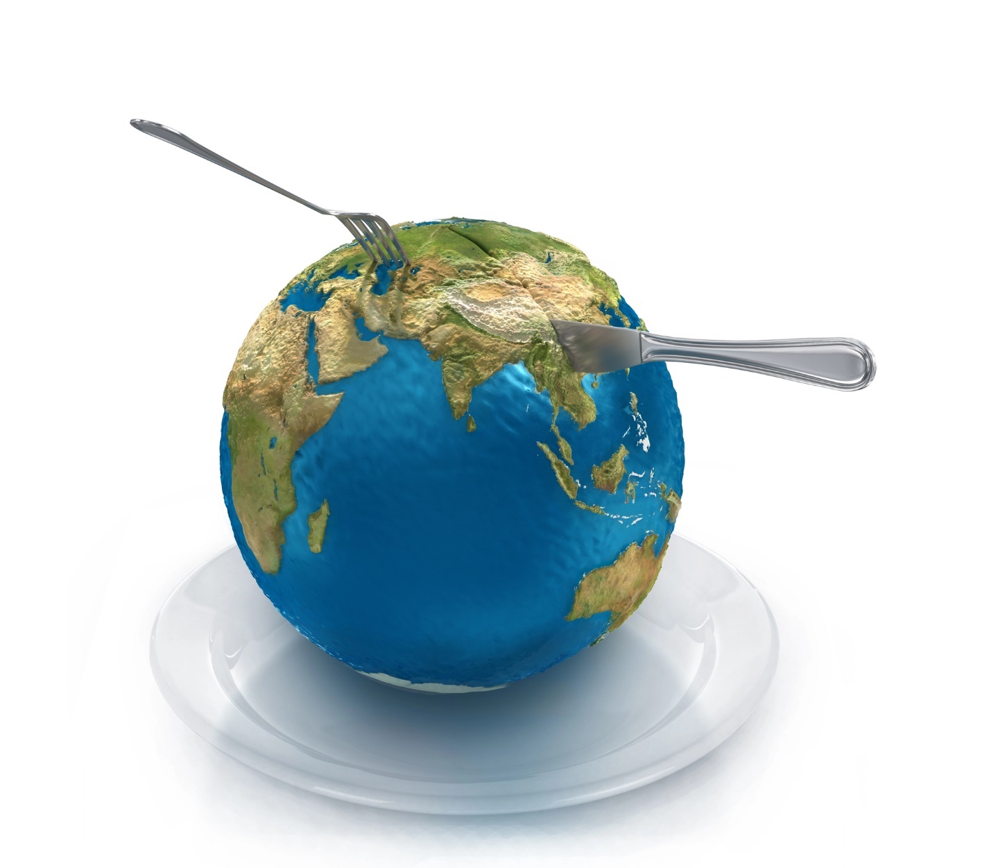 A globe with a fork and knife on it

Description automatically generated