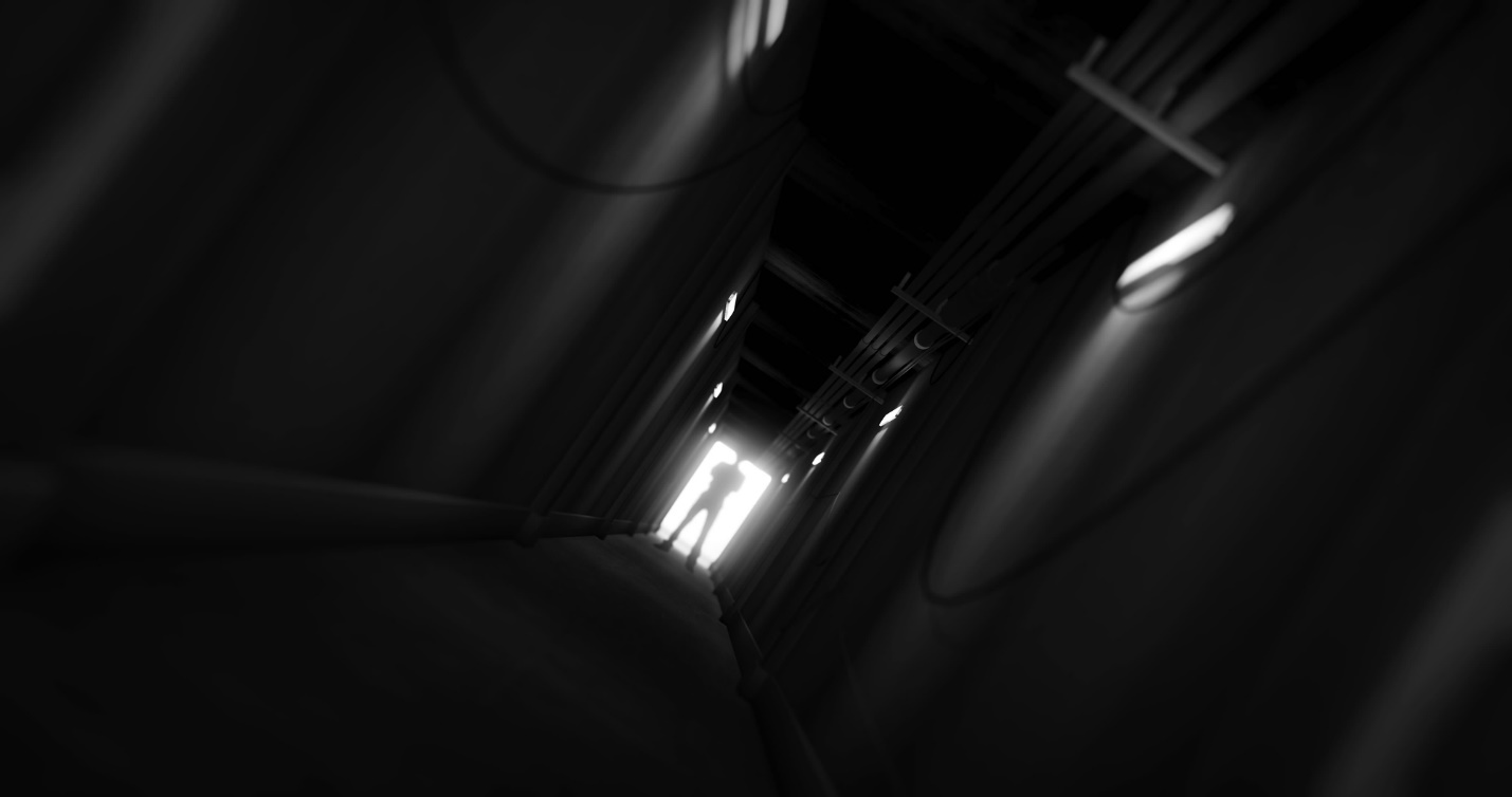 A person standing in a dark hallway

Description automatically generated