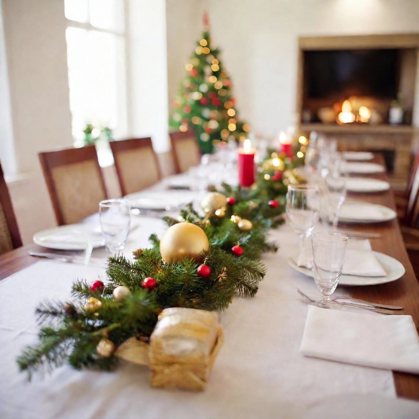 A long table with a decorated tree and candles

Description automatically generated