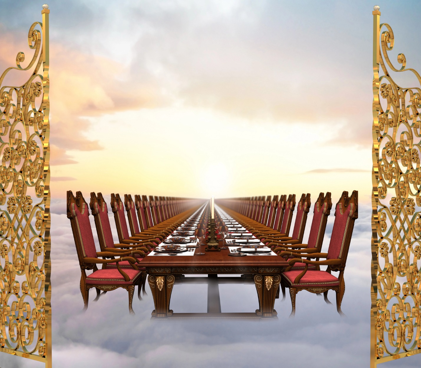 A long table with chairs and a golden gate

Description automatically generated