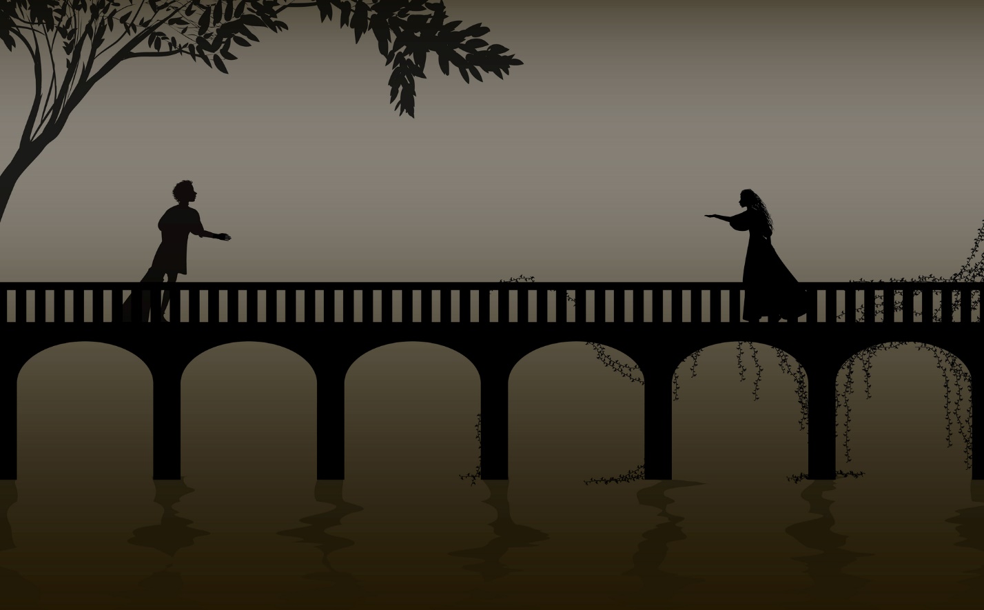 A silhouette of a person and person on a bridge

Description automatically generated